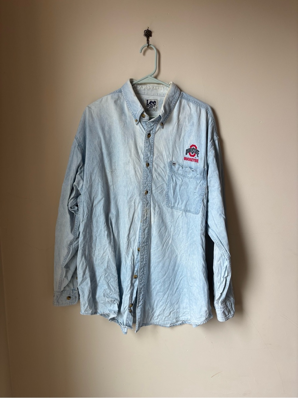 Vintage Lee Light Blue Denim Button-Down Shirt with Ohio State Buckeyes Patch